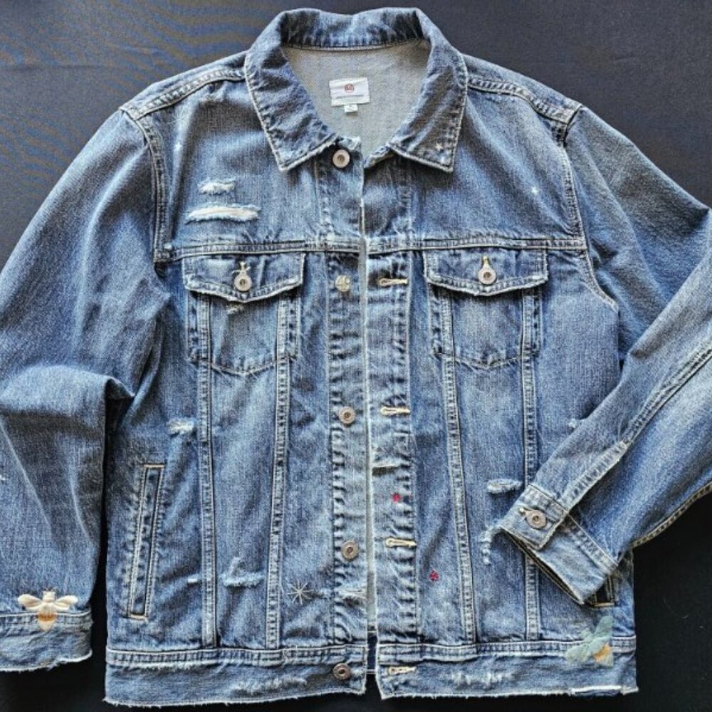 Adriano Goldschmied Women's Denim Jean Jacket Embroid, Rip Style, M